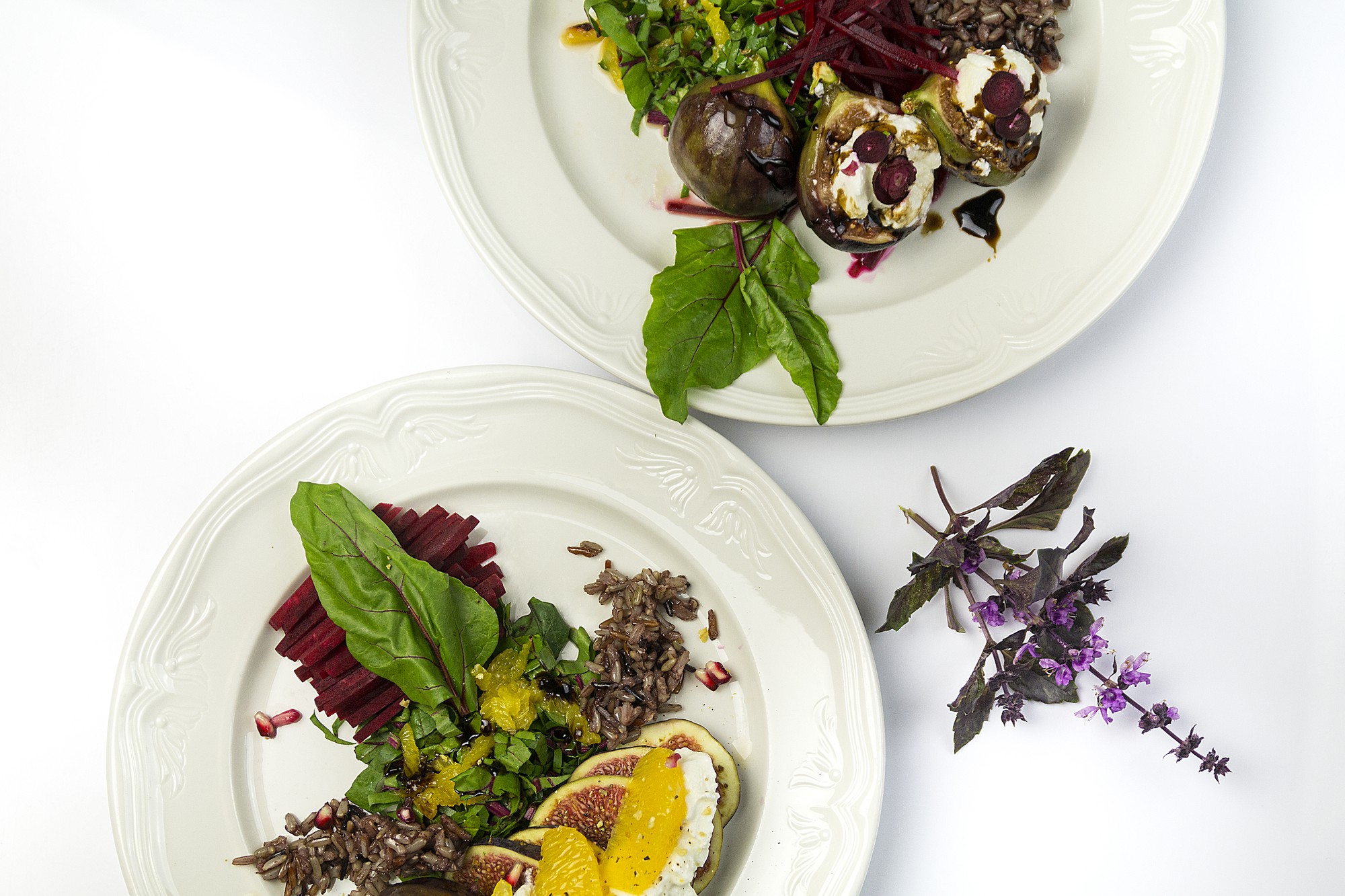 Plated seasonal starter with edible flowers